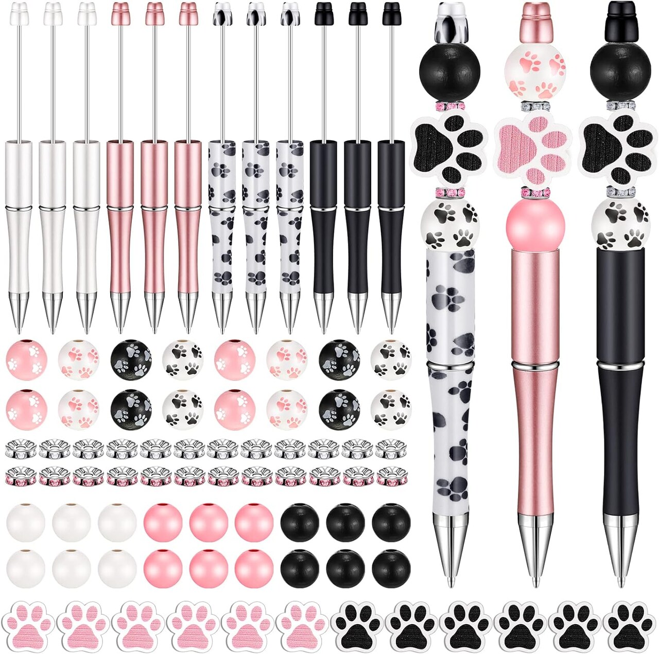 12 Set Beadable Pens DIY Kit - Assorted Beads, Black Ink, Dog Paw Design